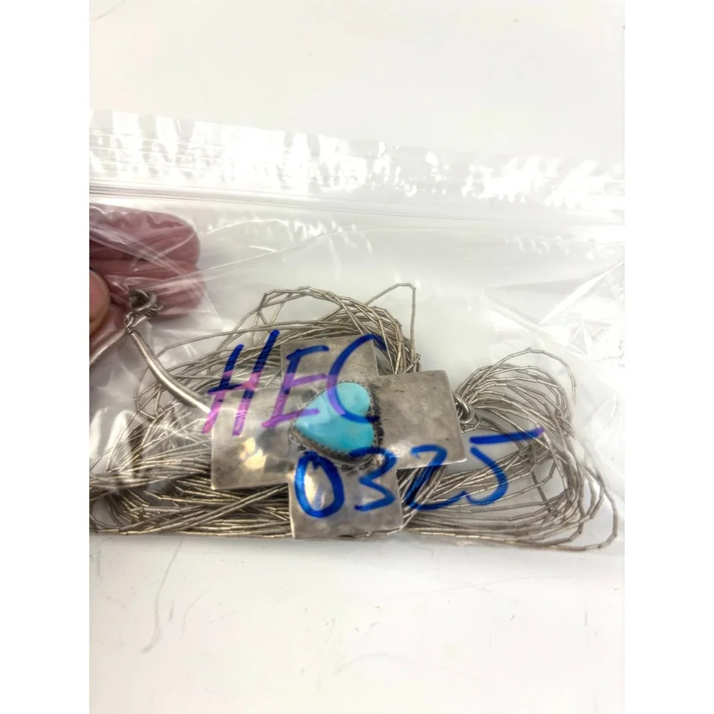 Vintage Sterling Liquid Silver Heishi Bead Necklace Turquoise Heart Cross‎ 32g